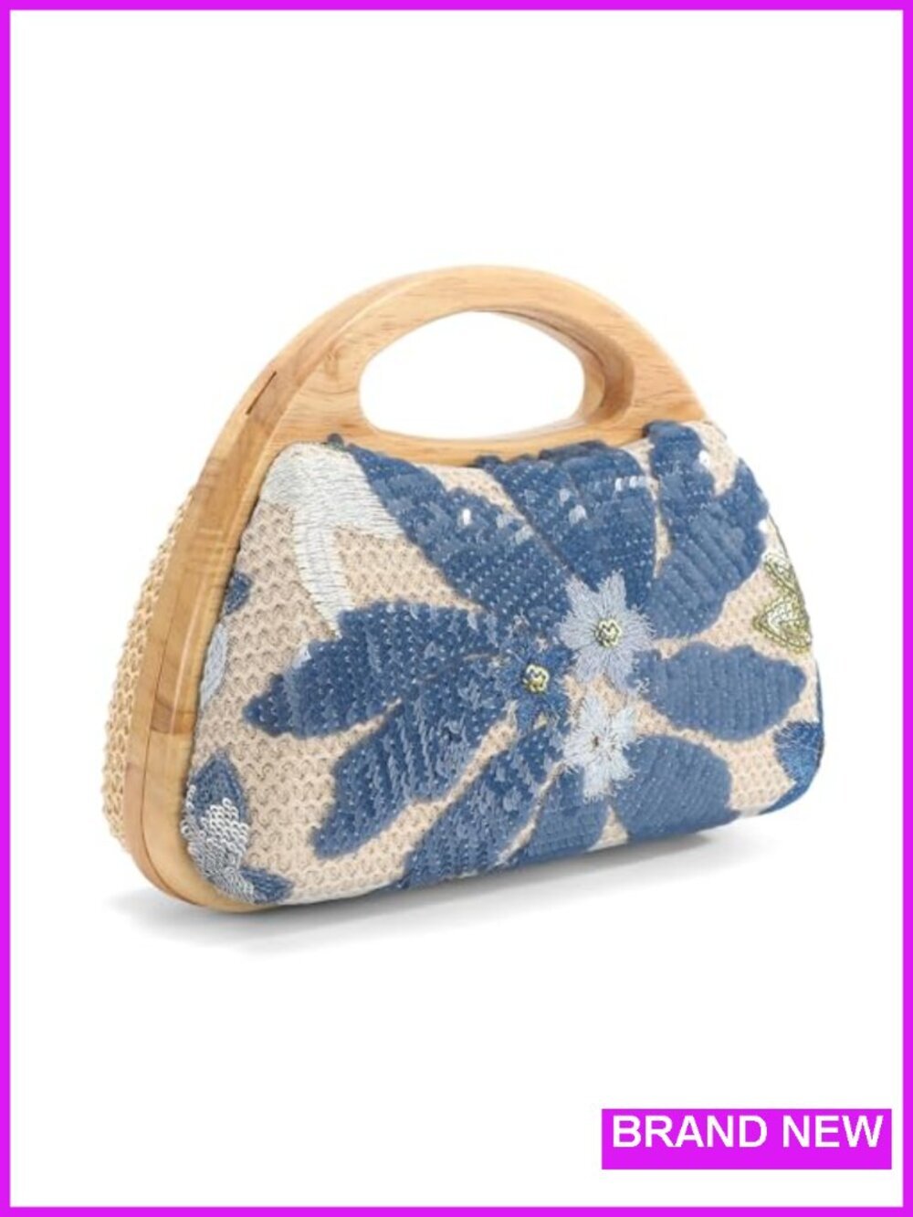 Floral Beaded Sequin Straw Clutch with Detachable Chain & Wood Handle